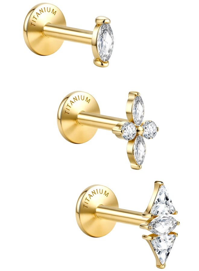 GEMQUEEN أقراط GEMQUEEN من التيتانيوم النقي، ذات ظهر مسطح، مطلية بالذهب عيار 14 قيراط، مضادة للحساسية، 3 قطع، مقاس 18G، بخيط داخلي، مناسبة لثقب الزنمة، الصدفة، الحلزون، الشفة، مجوهرات ثقب الأذن الحساسة للنساء والرجال، مرصعة بحجر زركونيا مكعب من الدرجة 5A - Image 1